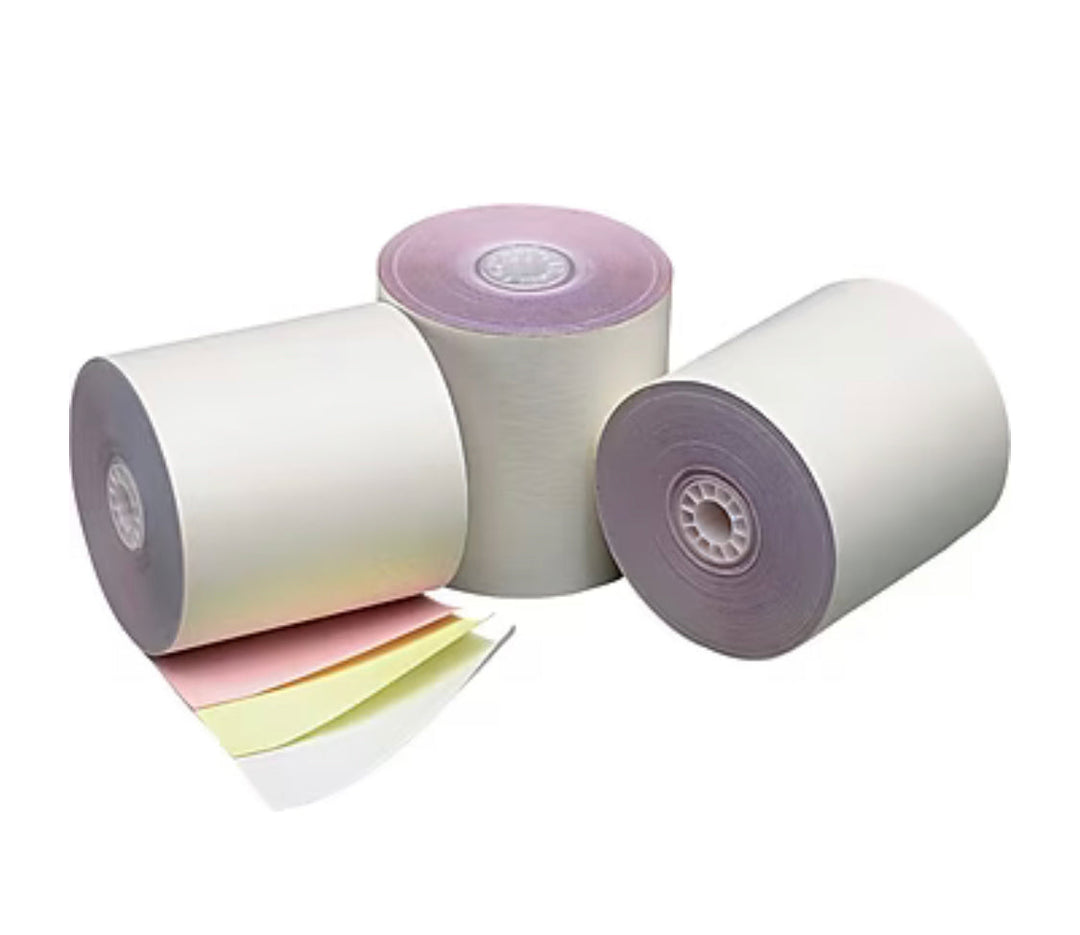 Carbonless Paper 3" x 65' 3 Ply, White/Canary/Pink, 50 Rolls