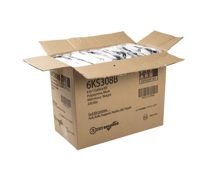 Cutlery Kits, 6 Piece, (F,K,S,Nap,S&P), Medium Heavy Weight, Black, PS - 250 Kits