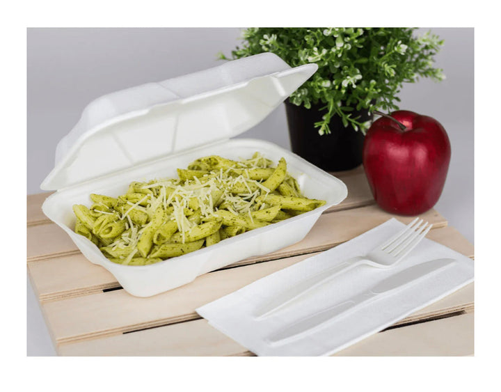 9''x 6'' PFAS Free Compostable Bagasse Hinged Containers, White - 200 pcs