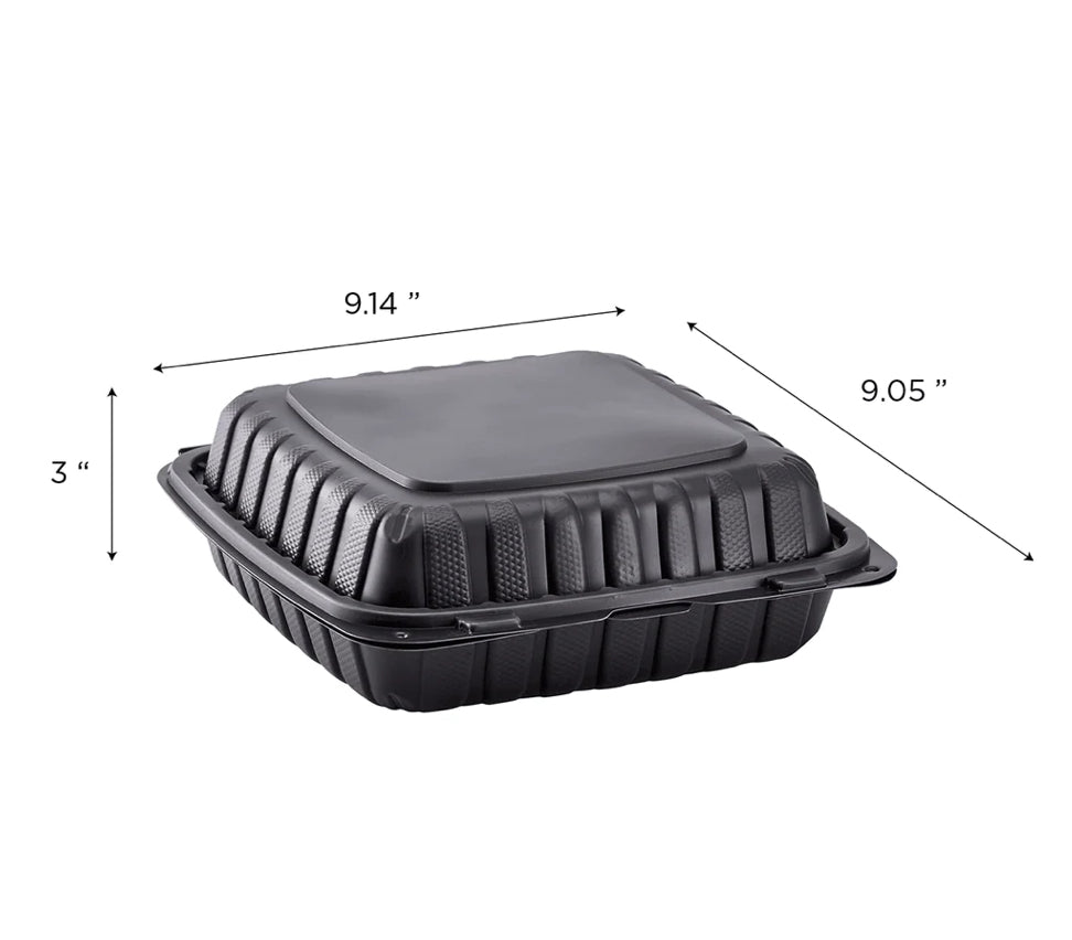 9" x 9" Mineral Filled PP Hinged Container, 1 compartment, Black - 120 pcs