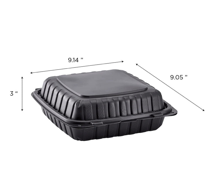 9" x 9" Mineral Filled PP Hinged Container, 1 compartment, Black - 120 pcs