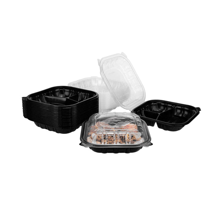 Hinged Container 9"x 9" (3 Compartment) Premium PP, Blk w/Clear Top - 150 pcs