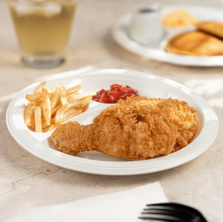 9" Mineral Filled PP Plate, Round, 3-compartment, White - 500 Pcs