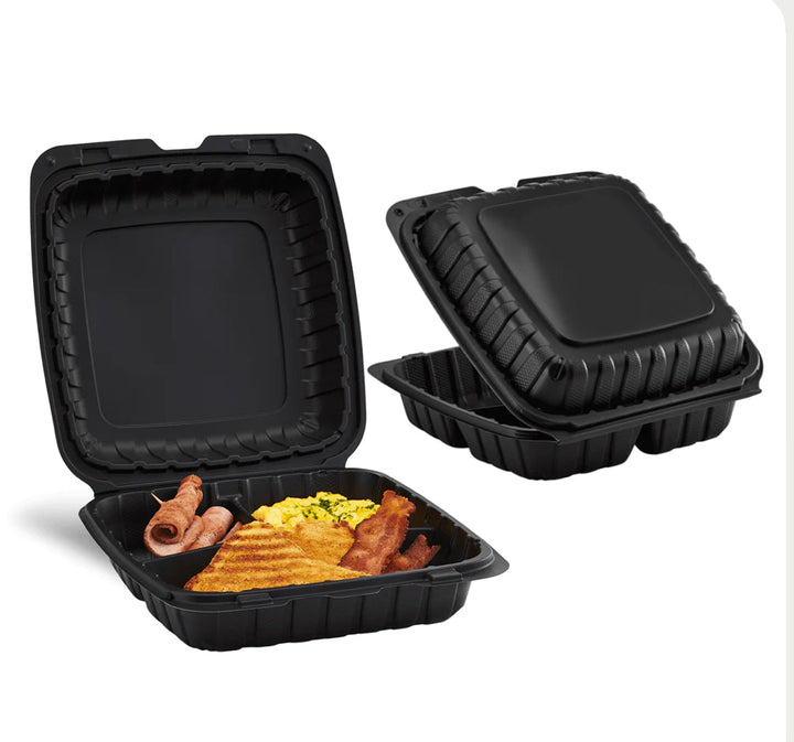 9" x 9" Mineral Filled PP Hinged Container, 3 compartment, Black - 120 pcs