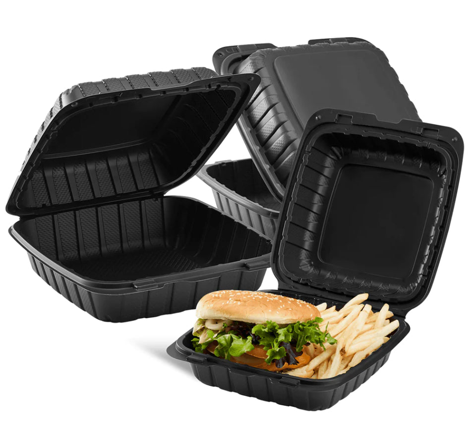 8" x 8" Mineral Filled PP Hinged Container, 1 compartment, Black - 200 pcs