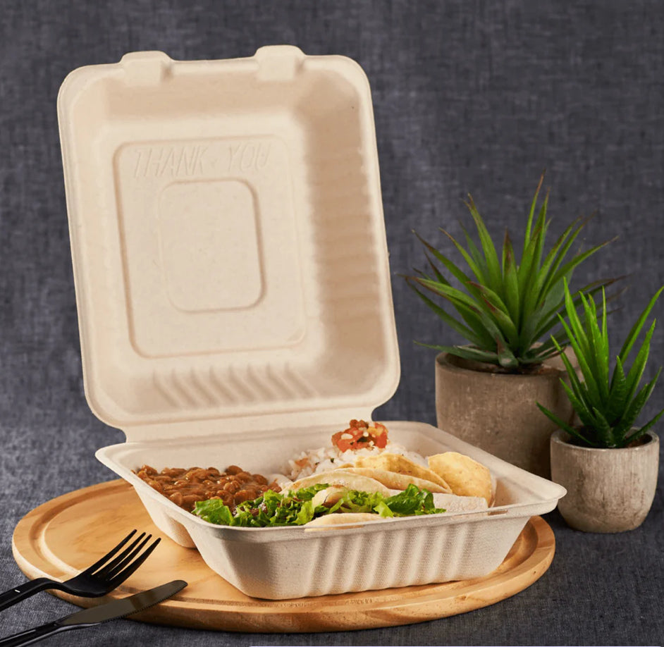 8''x 8'' PFAS Free Compostable Bagasse Hinged Containers, 3 Compartment Natural - 200 pcs (Copy)
