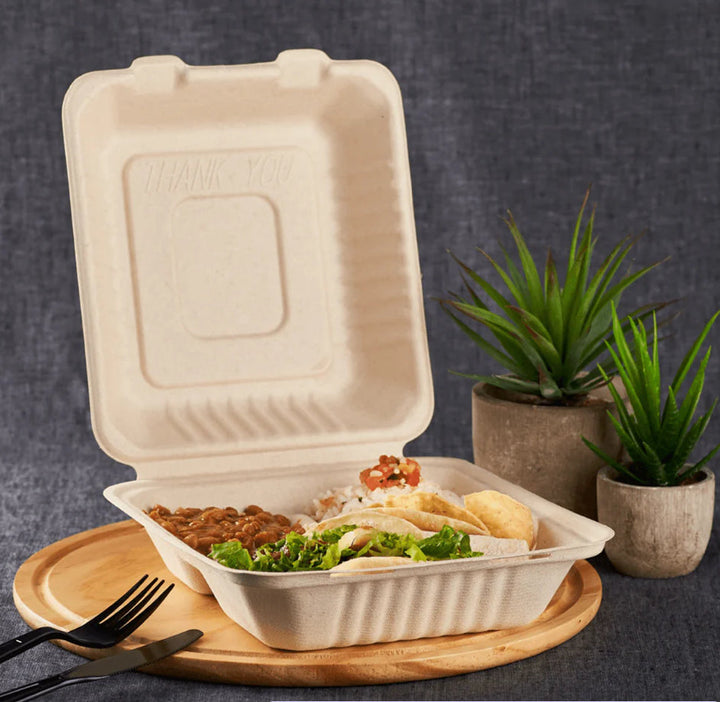 8''x 8'' PFAS Free Compostable Bagasse Hinged Containers, 3 Compartment Natural - 200 pcs (Copy)