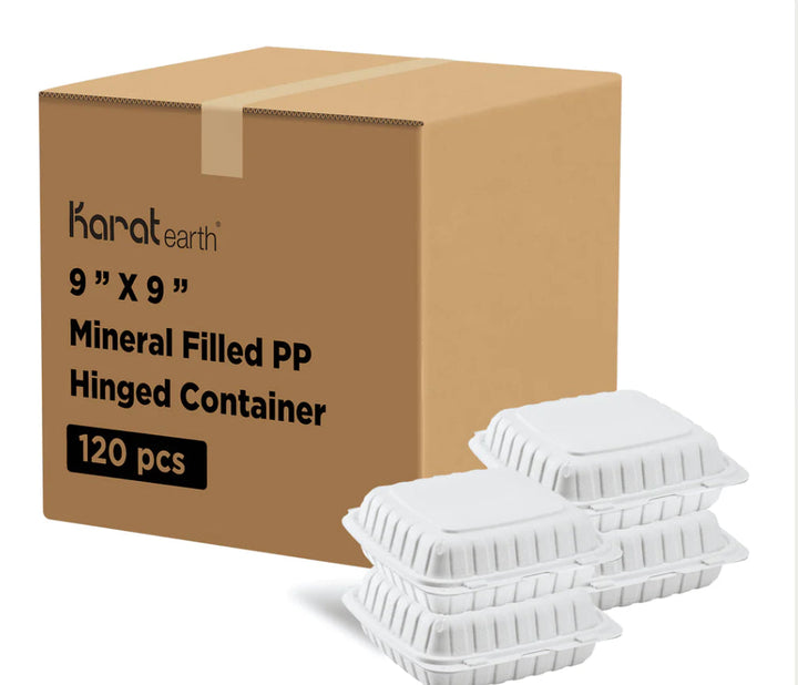 9" x 9" Mineral Filled PP Hinged Container, 1 compartment, White - 120 pcs