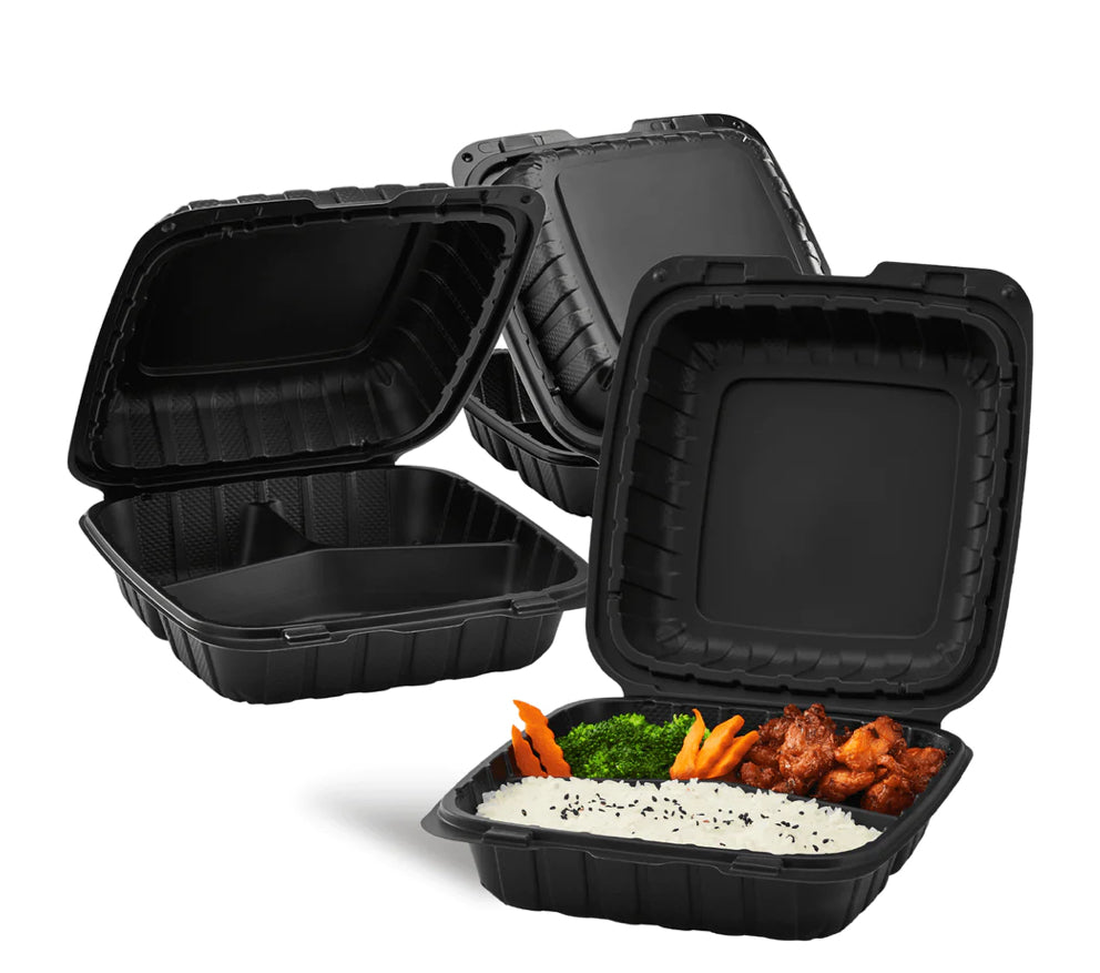 8" x 8" Mineral Filled PP Hinged Container, 3 compartment, Black - 200 pcs