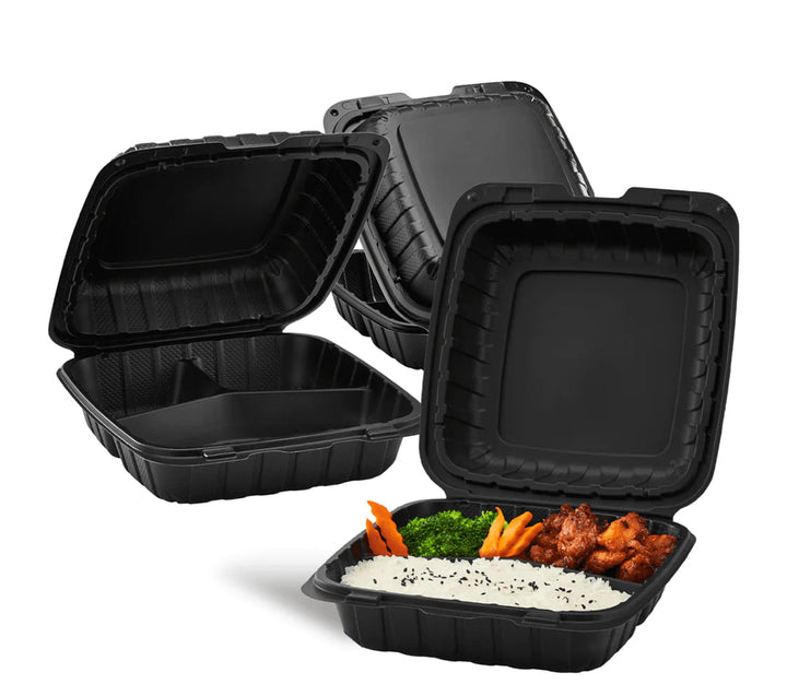8" x 8" Mineral Filled PP Hinged Container, 3 compartment, Black - 200 pcs