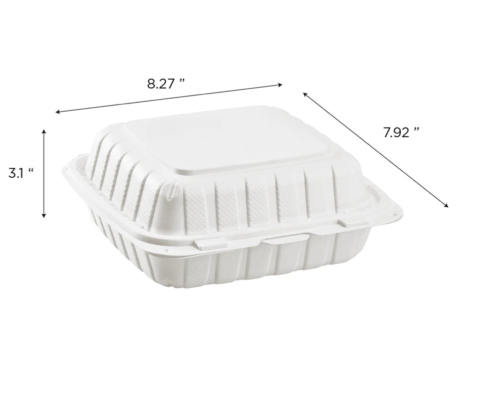 8" x 8" Mineral Filled PP Hinged Container, 1 compartment, White - 200 pcs