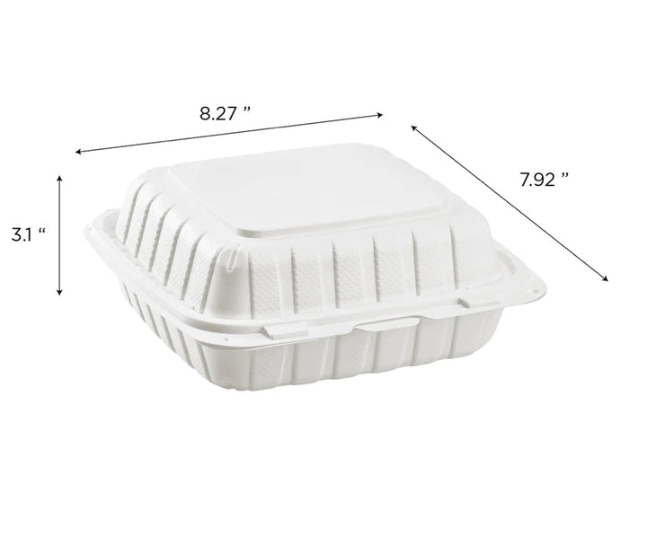 8" x 8" Mineral Filled PP Hinged Container, 1 compartment, White - 200 pcs