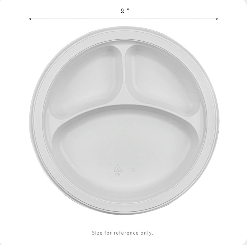 9" Mineral Filled PP Plate, Round, 3-compartment, White - 500 Pcs