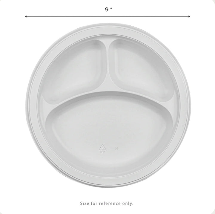 9" Mineral Filled PP Plate, Round, 3-compartment, White - 500 Pcs