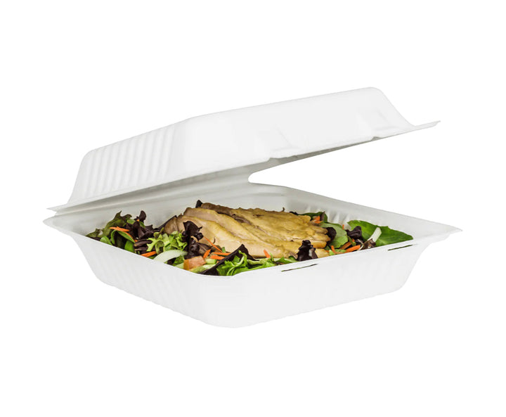 9'' x 9'' PFAS Free Compostable Bagasse Hinged Containers, White - 200 pcs