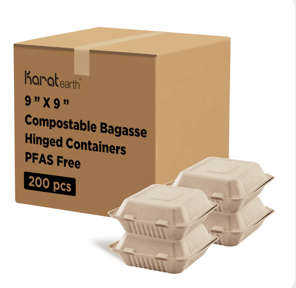 9'' x 9'' PFAS Free Compostable Bagasse Hinged Containers, Natural - 200 pcs