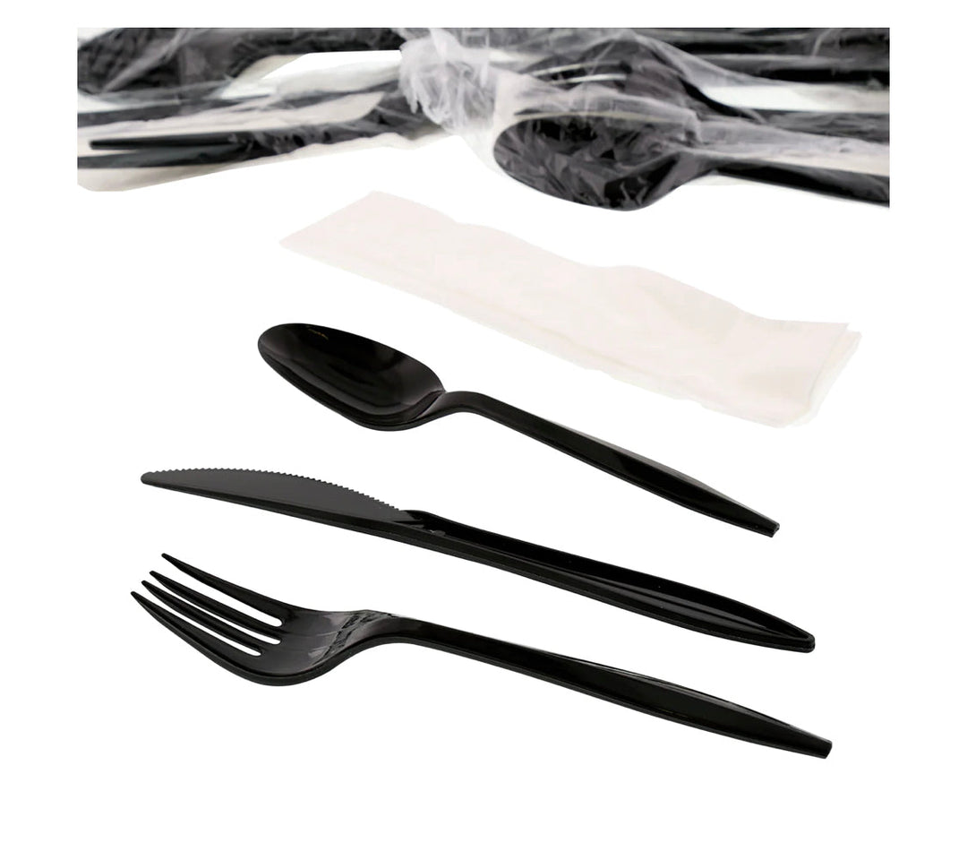 Cutlery Kit, PP, 4 Piece Black Medium Weight (F,K,S,Nap), 250 Kits