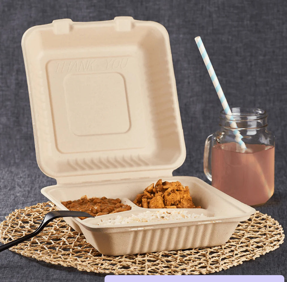 9'' x 9'' PFAS Free Compostable Bagasse Hinged Containers, 3 Comp, Natural - 200 pcs