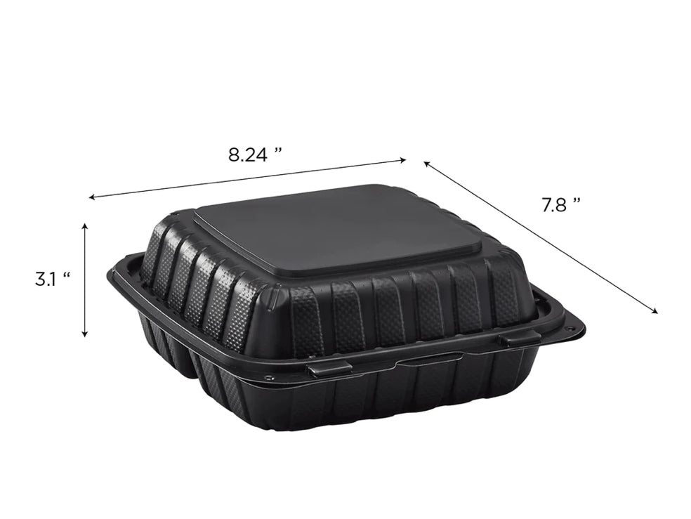 8" x 8" Mineral Filled PP Hinged Container, 3 compartment, Black - 200 pcs