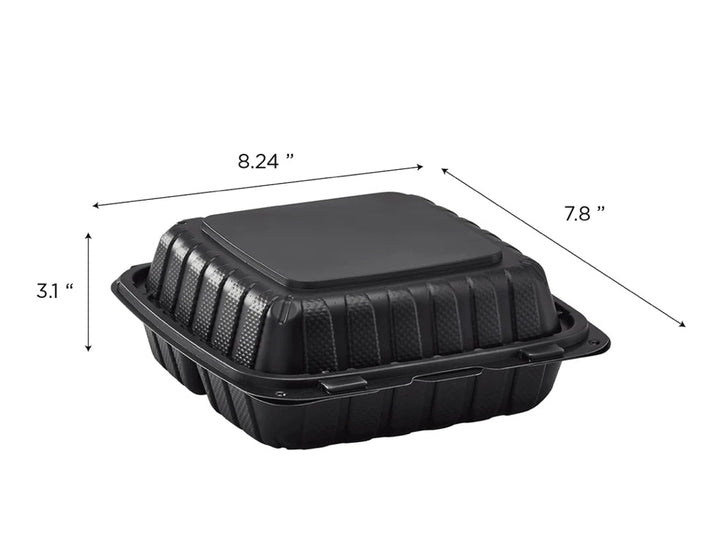 8" x 8" Mineral Filled PP Hinged Container, 3 compartment, Black - 200 pcs