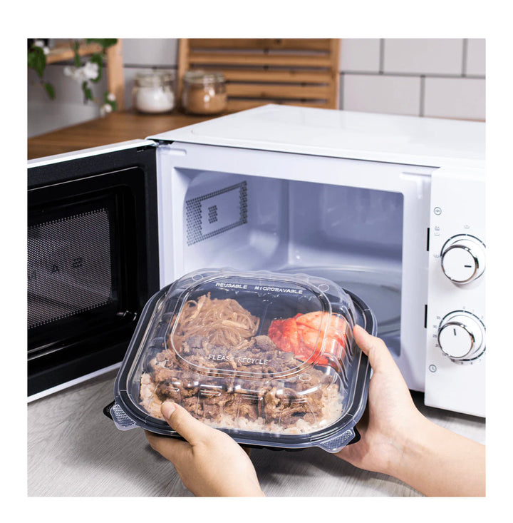 Hinged Container 9"x 9" (3 Compartment) Premium PP, Blk w/Clear Top - 150 pcs