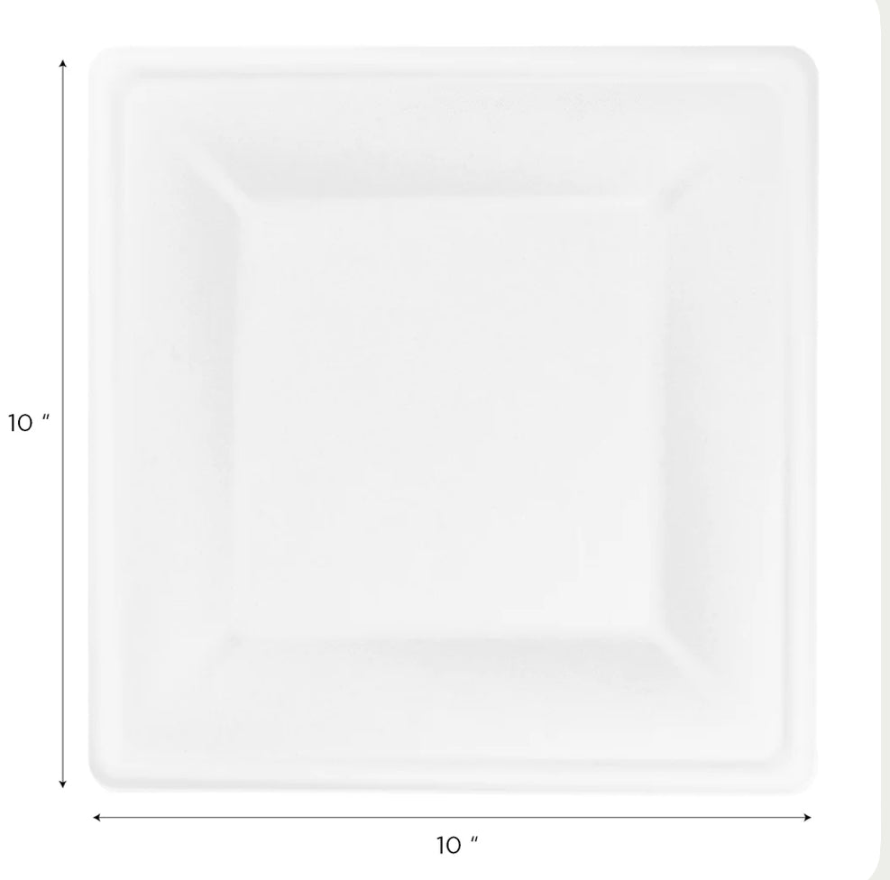 10'' PFAS Free Compostable Bagasse Square Plates, White - 500 pcs