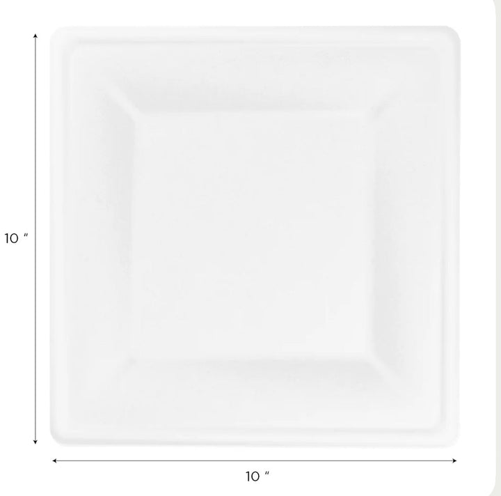 10'' PFAS Free Compostable Bagasse Square Plates, White - 500 pcs