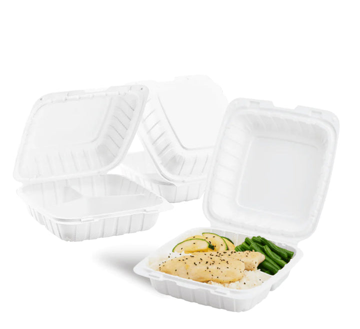 8" x 8" Mineral Filled PP Hinged Container, 3 compartment, White - 200 pcs