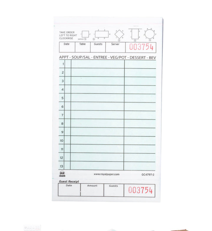 Guest Check, 13 Lines, Green, 2 Ply Carbonless, Loose, 8/250