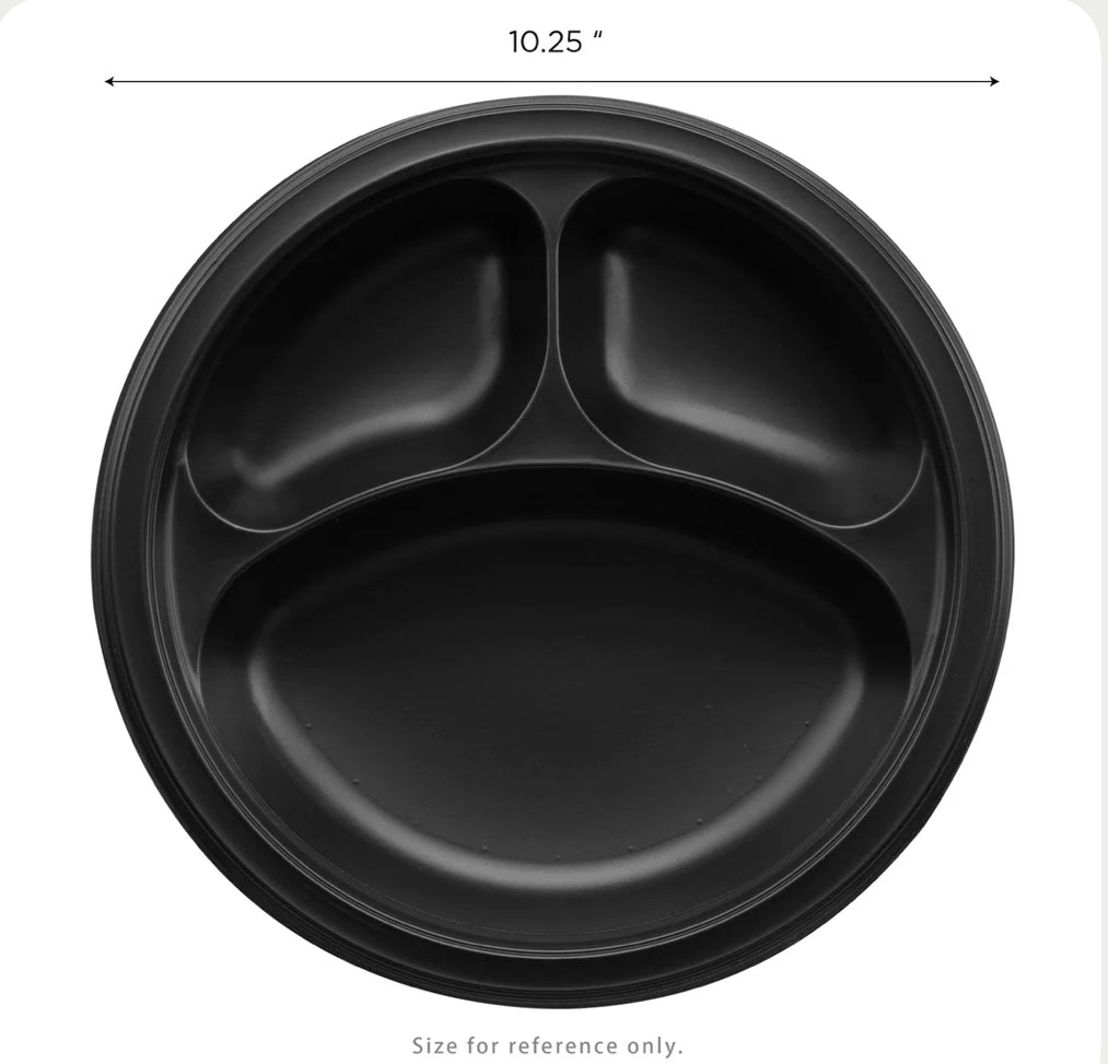 10.25" Mineral Filled PP Plate, Round, 3-compartment, Black - 500 Pcs