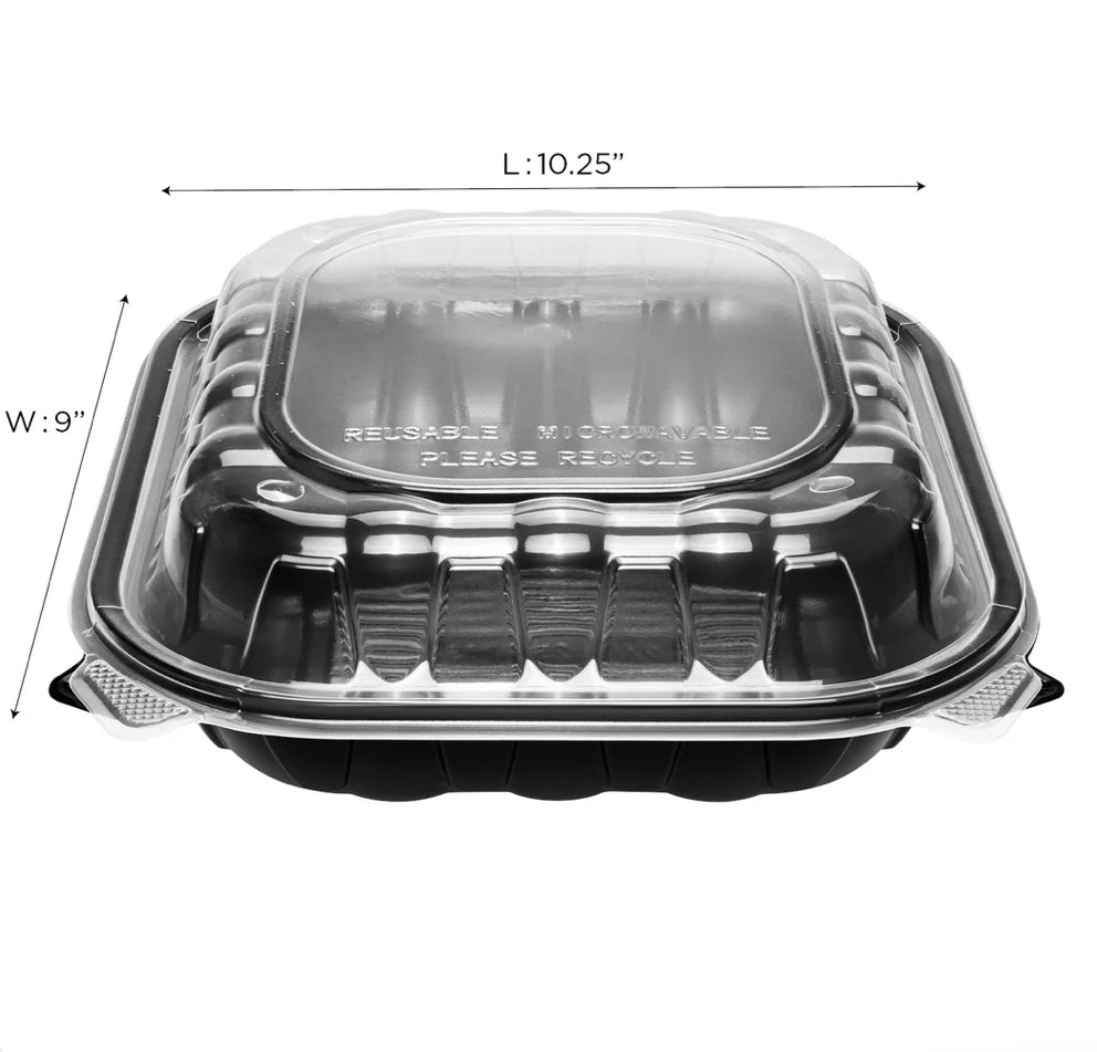 Hinged Container 10.25"x 9" (1 Compartment) Premium PP, Blk w/Clear Top - 150 pcs