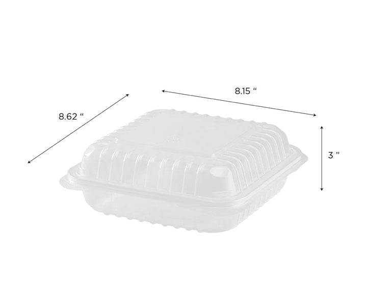 Hinged Container, 8'' x 8" PP Plastic, Clear - 250 pcs