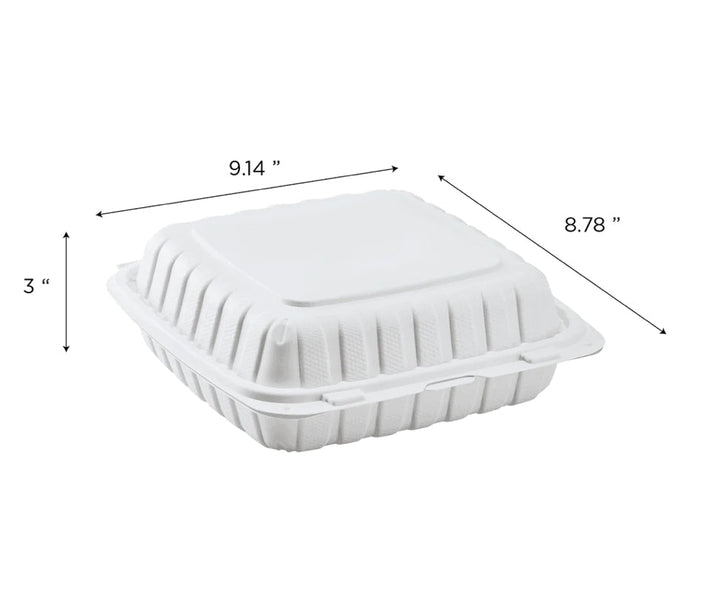 9" x 9" Mineral Filled PP Hinged Container, 1 compartment, White - 120 pcs