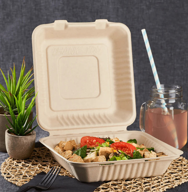 9'' x 9'' PFAS Free Compostable Bagasse Hinged Containers, Natural - 200 pcs