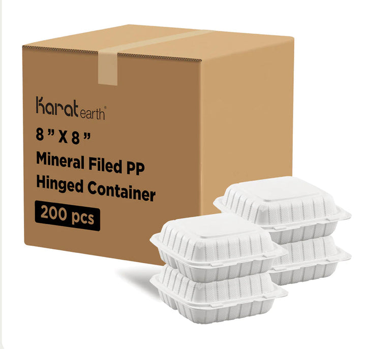 8" x 8" Mineral Filled PP Hinged Container, 3 compartment, White - 200 pcs