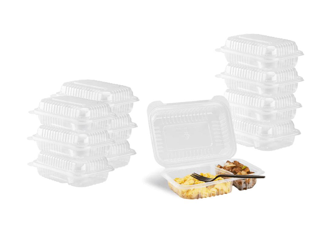 Hinged Container, 9'' x 6" PP Plastic, 2 Compartment, Clear - 250 pcs