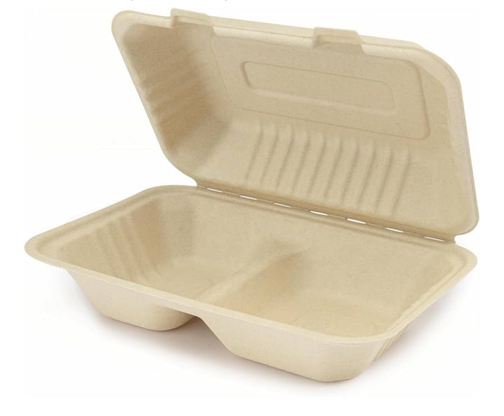 9''x 6'' PFAS Free Compostable Bagasse Hinged Containers, 2 Compartment, Natural - 200 pcs