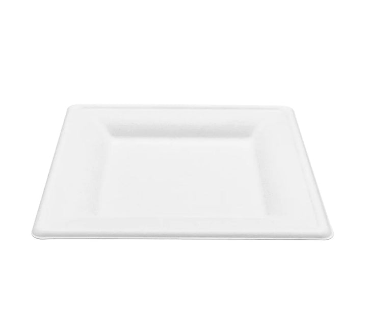 10'' PFAS Free Compostable Bagasse Square Plates, White - 500 pcs