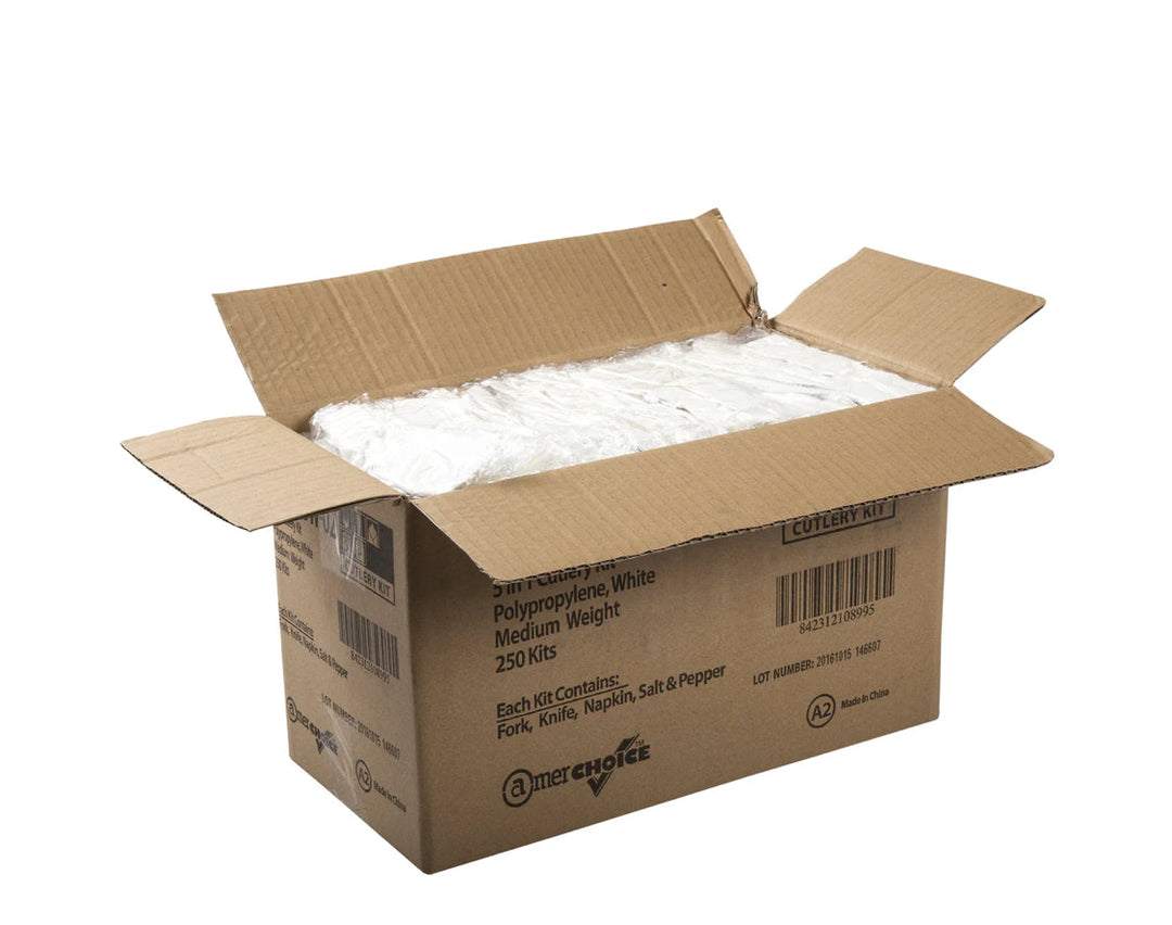 Cutlery Kit, PP, 5 Piece White Medium Weight (F,K,Nap,S&P), 250 Kits