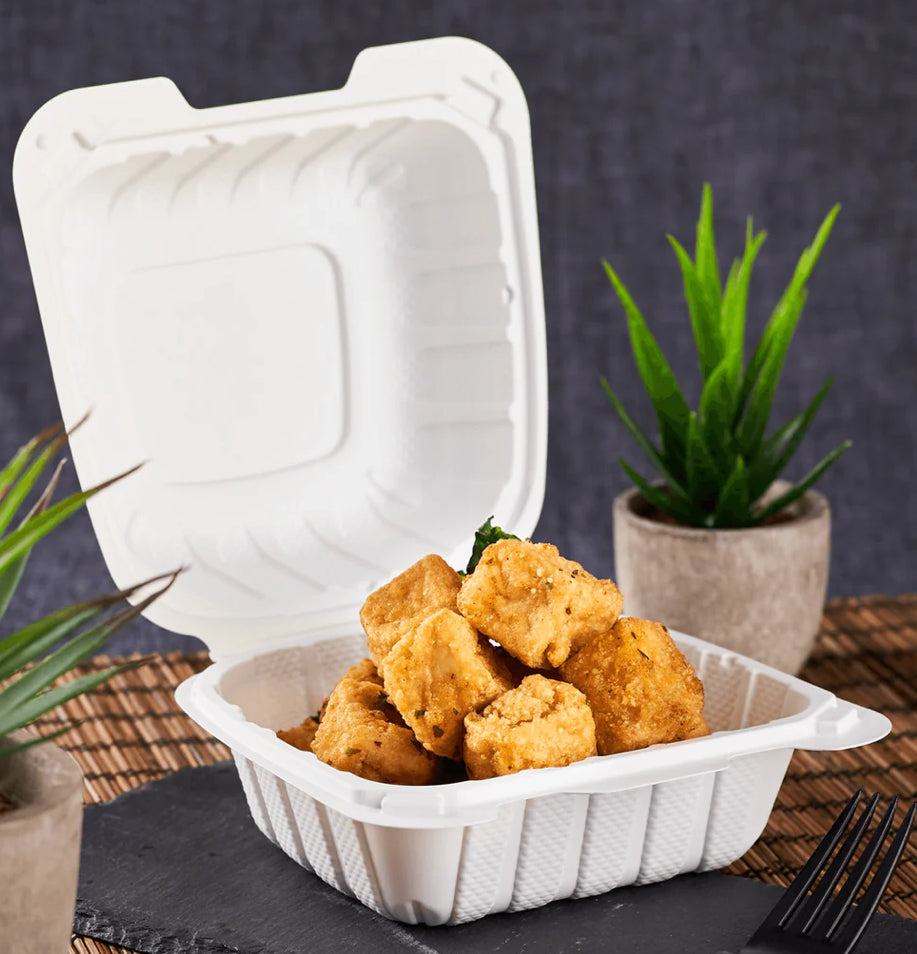 6" x 6" Mineral Filled PP Hinged Container, 1 compartment, White - 400 pcs