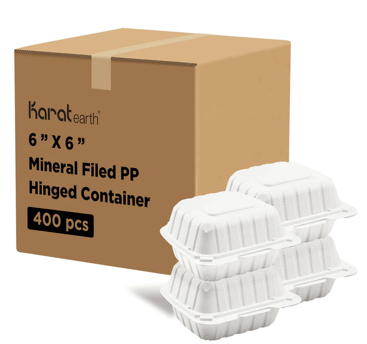 6" x 6" Mineral Filled PP Hinged Container, 1 compartment, White - 400 pcs