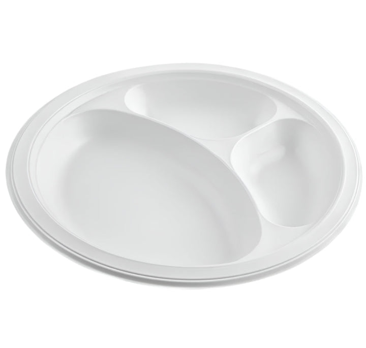 10.25" Mineral Filled PP Plate, Round, 3-compartment, White - 500 Pcs