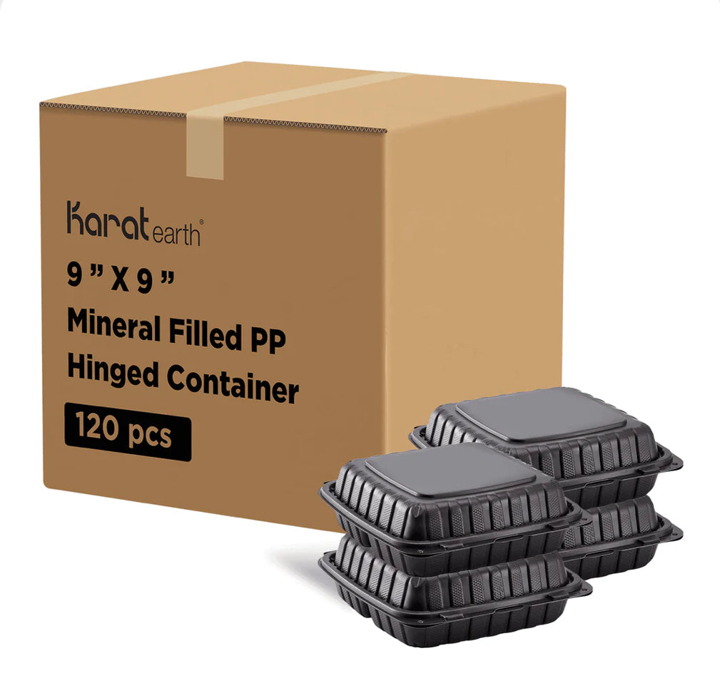 9" x 9" Mineral Filled PP Hinged Container, 3 compartment, Black - 120 pcs
