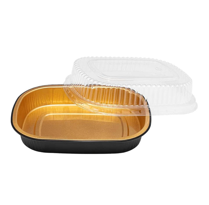 24 oz Black and Gold Aluminum Foil Take Out Pan with Clear PET Dome Lid, 8.2''x 6.1''x 1.1'' - 100 pcs