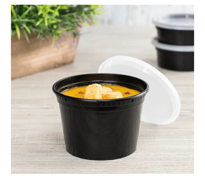 16oz PP Black Plastic Injection Molded Deli Containers & Clear Lids (117mm) - 240 sets