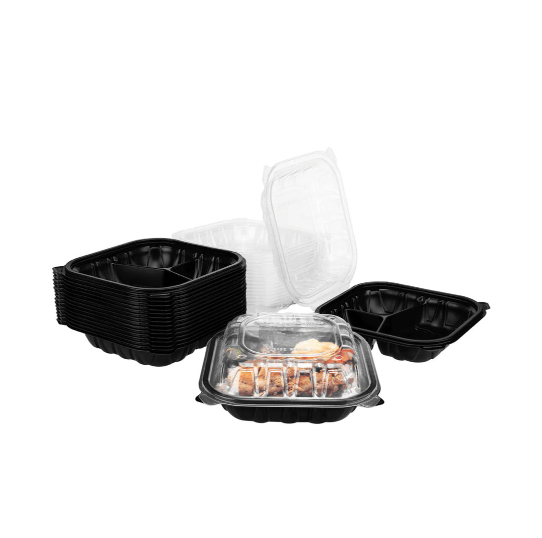 Hinged Container 8"x 8" (3 Compartment) Premium PP, Blk w/Clear Top - 150 pcs