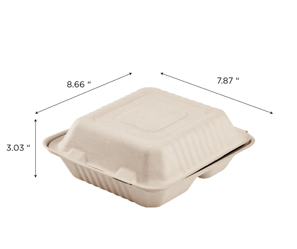 8''x 8'' PFAS Free Compostable Bagasse Hinged Containers, 3 Compartment Natural - 200 pcs (Copy)