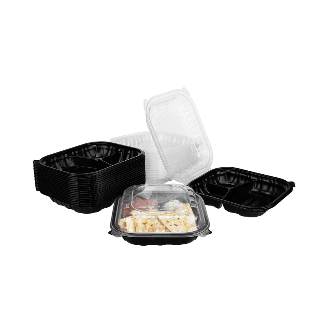 Hinged Container 10.25"x 9" (3 Compartment) Premium PP, Blk w/Clear Top - 150 pcs