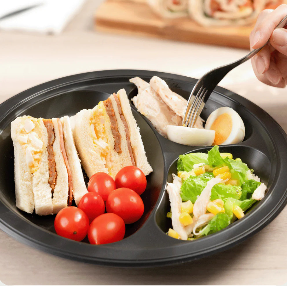 10.25" Mineral Filled PP Plate, Round, 3-compartment, Black - 500 Pcs