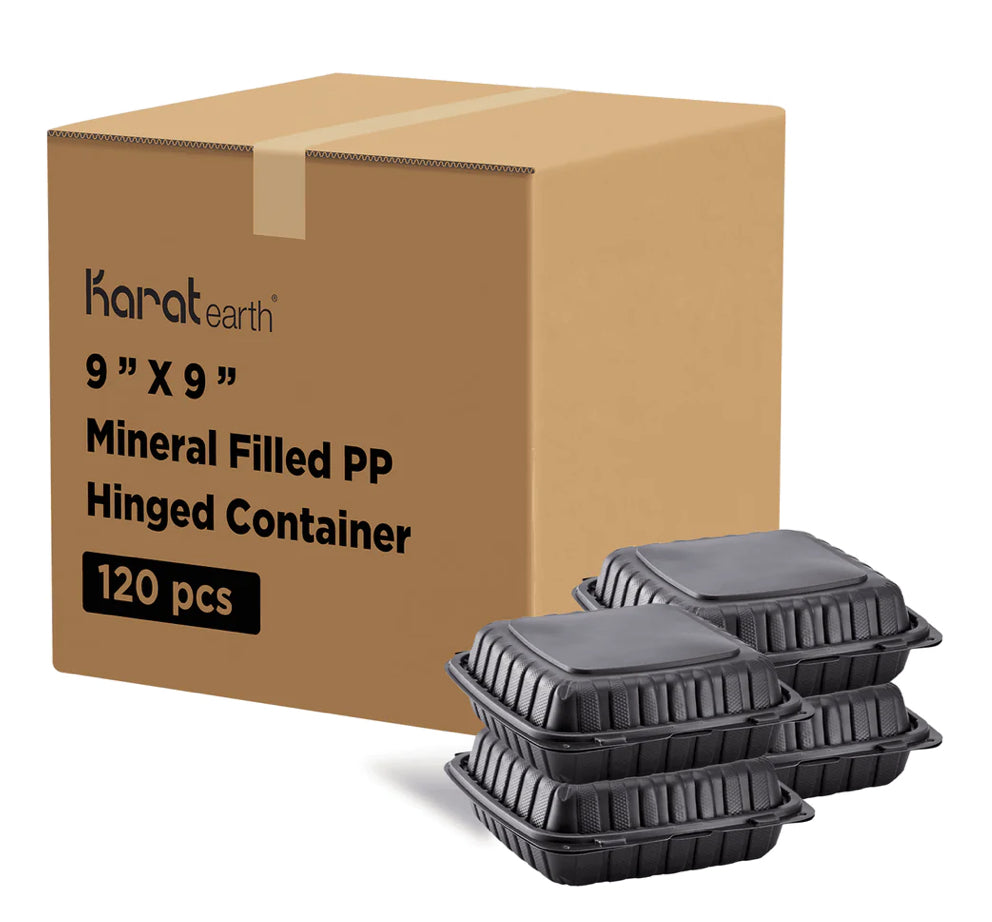 9" x 9" Mineral Filled PP Hinged Container, 1 compartment, Black - 120 pcs